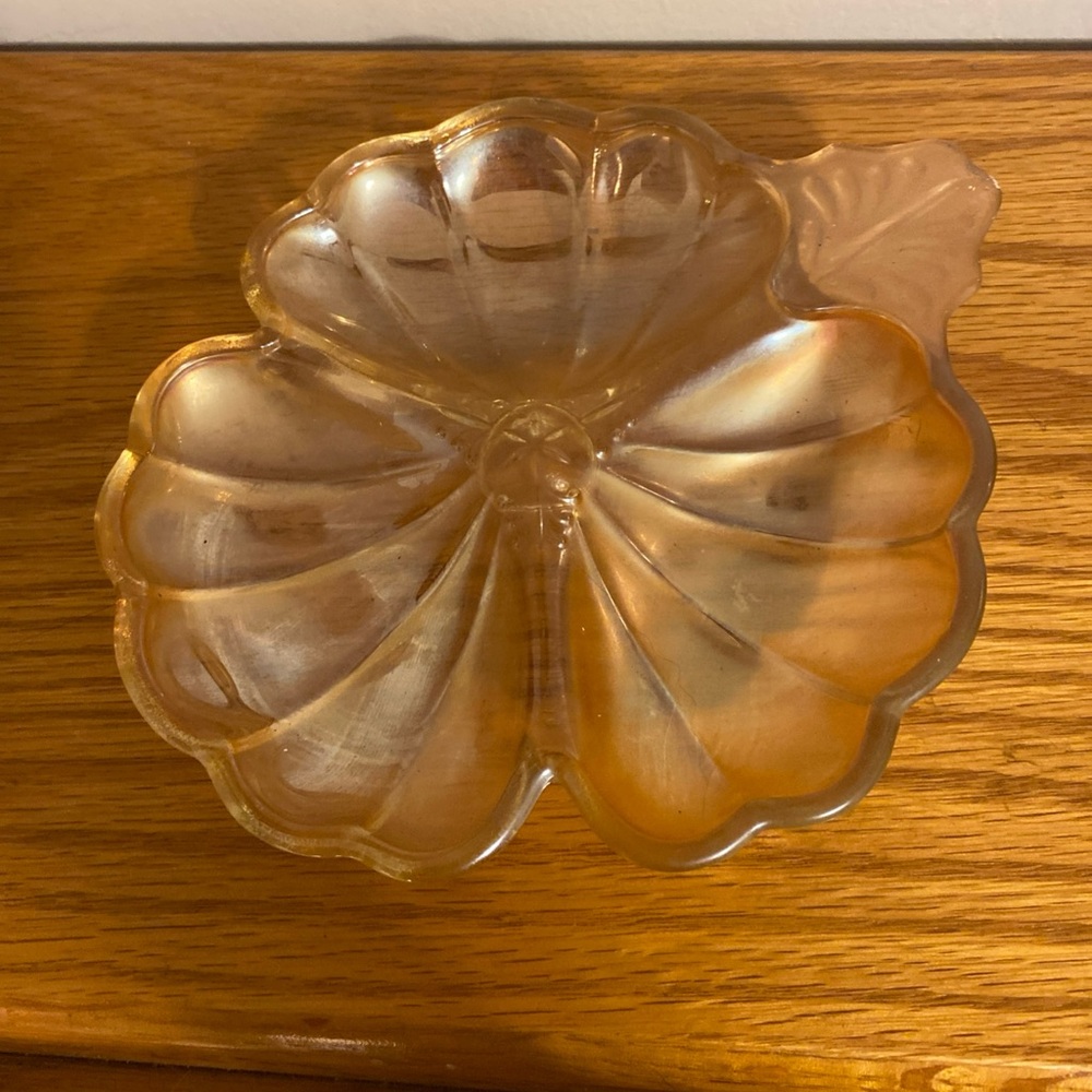 Vintage Jeanette Carnival Glass Marigold 3 Leaf Clover Dish